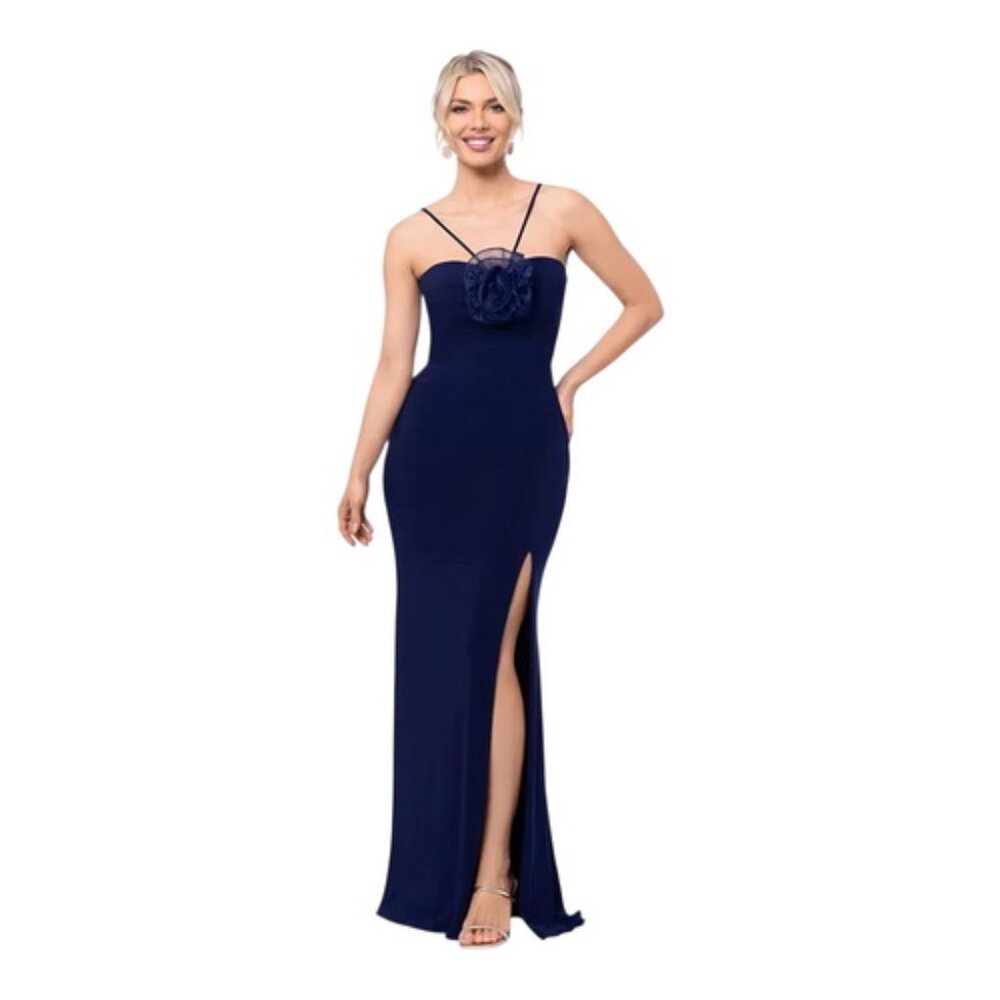 Xscape Navy Blue Rosette Floral Applique Jersey Side Slit Gown